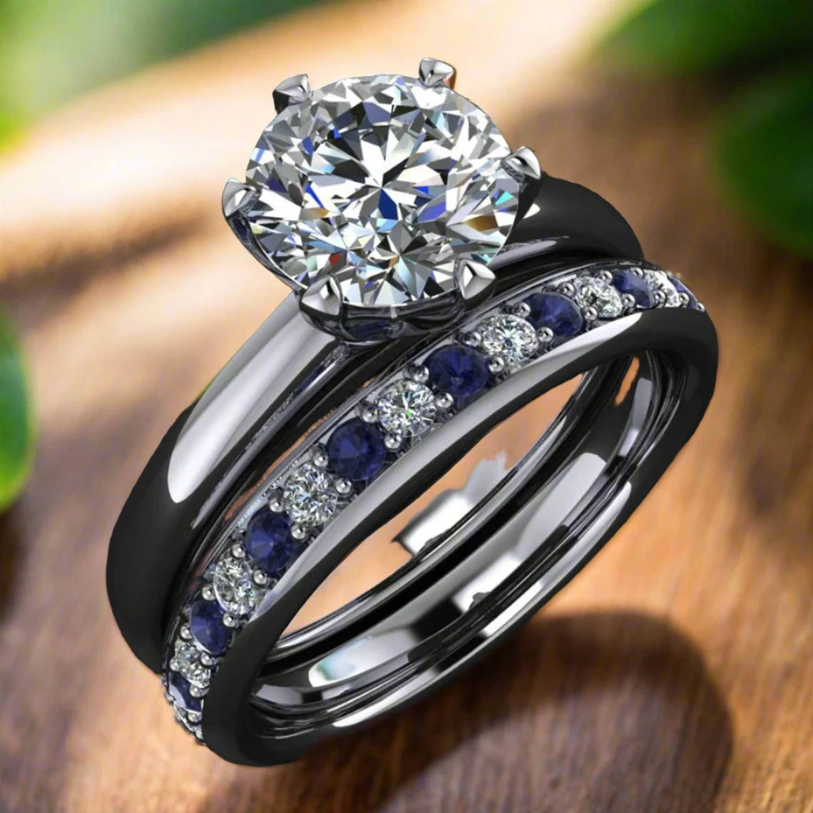 Moissanite and sapphire discount wedding set