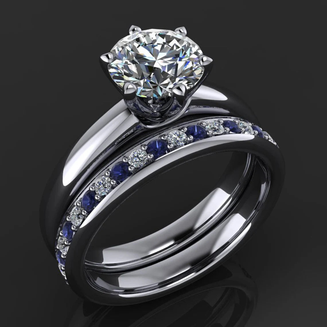 jolie ring – 1 carat colorless round NEO moissanite and sapphire wedding set, moissanite engagement ring - J Hollywood Designs