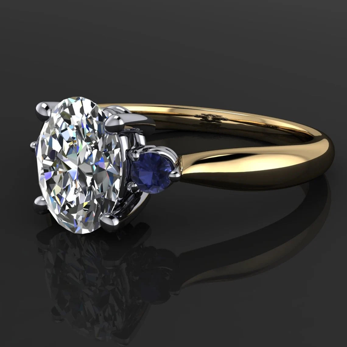 savannah ring – 1.5 carat oval NEO moissanite engagement ring, sapphire side stones - J Hollywood Designs