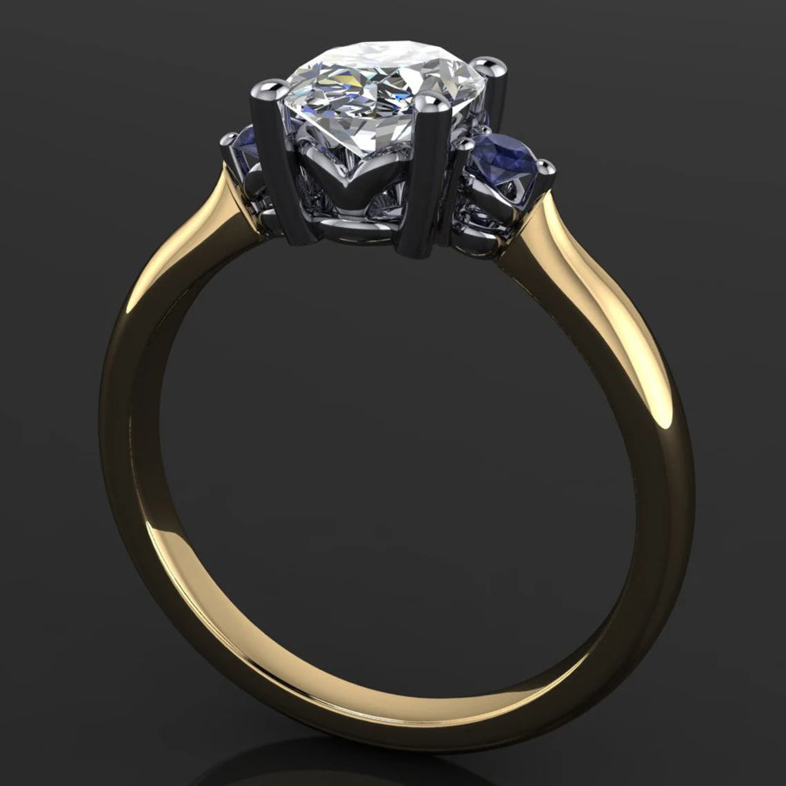 savannah ring – 1.5 carat oval NEO moissanite engagement ring, sapphire side stones - J Hollywood Designs