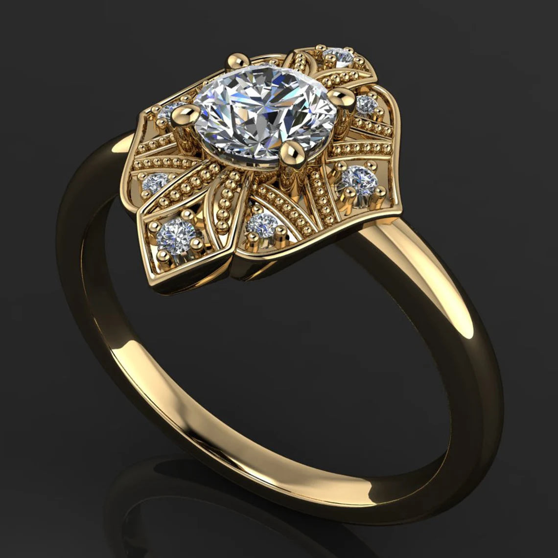 pearl ring – half carat moissanite ring, milgrain and diamonds - J Hollywood Designs