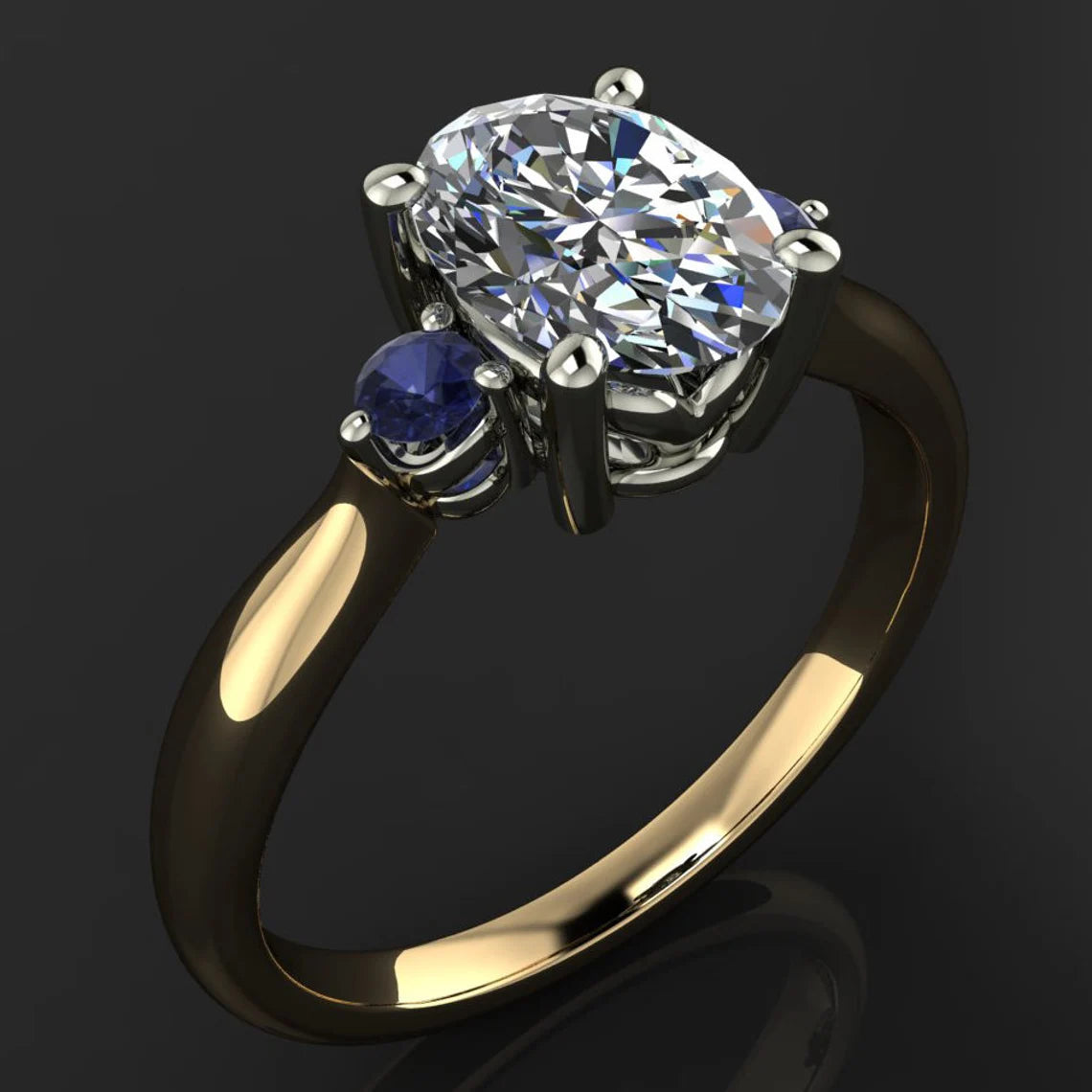 savannah ring – 1.5 carat oval NEO moissanite engagement ring, sapphire side stones - J Hollywood Designs