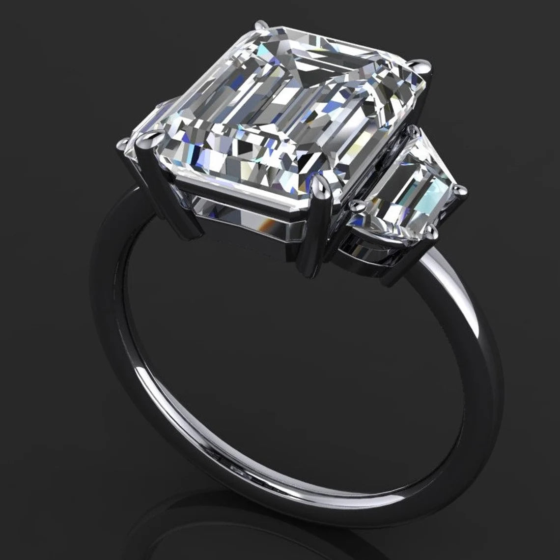 demi ring - three stone emerald cut NEO moissanite engagement ring, trapezoid side stones - J Hollywood Designs