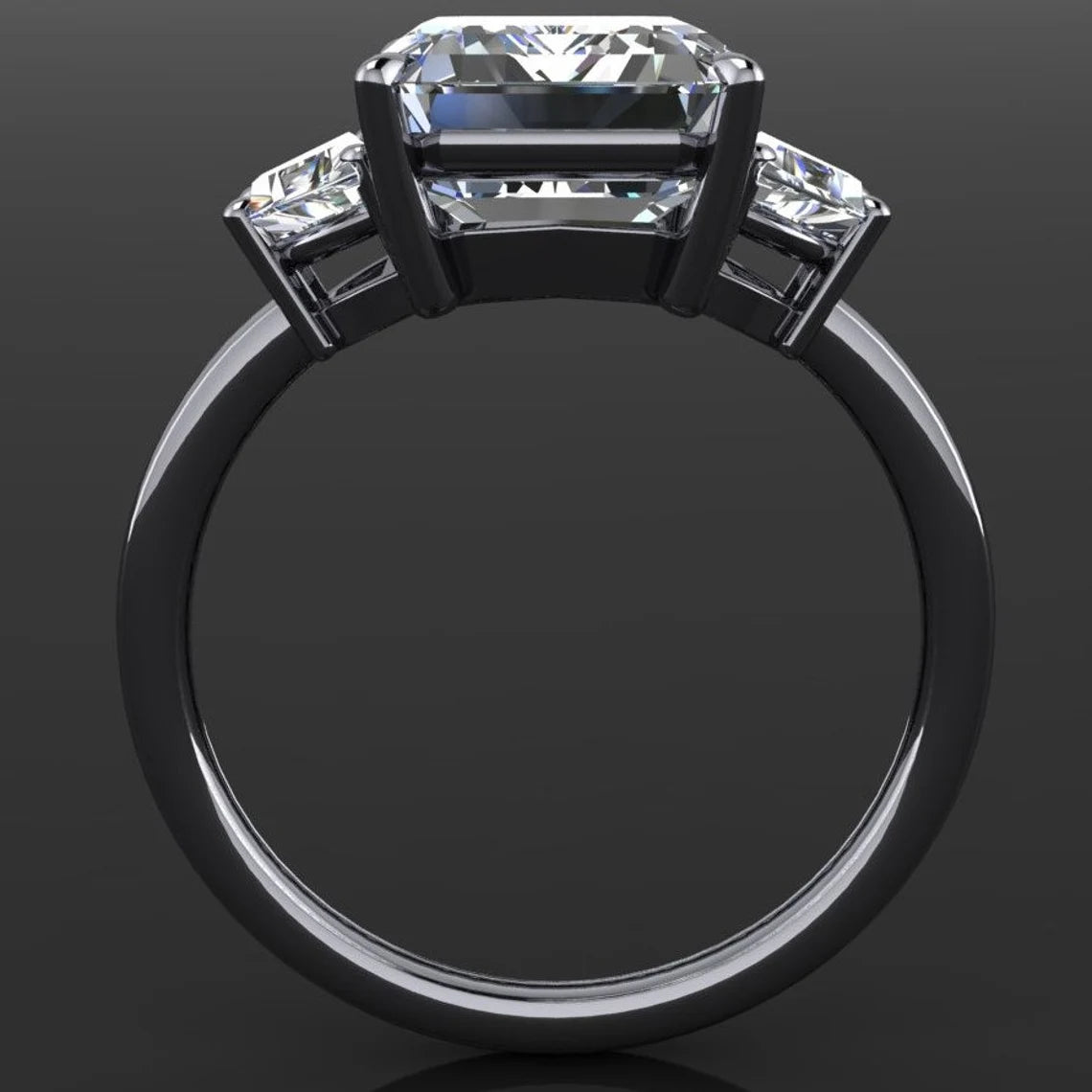 demi ring - three stone emerald cut NEO moissanite engagement ring, trapezoid side stones - J Hollywood Designs