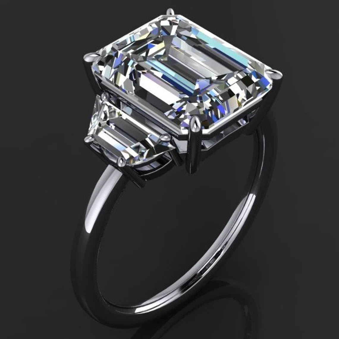 demi ring - three stone emerald cut NEO moissanite engagement ring, trapezoid side stones - J Hollywood Designs