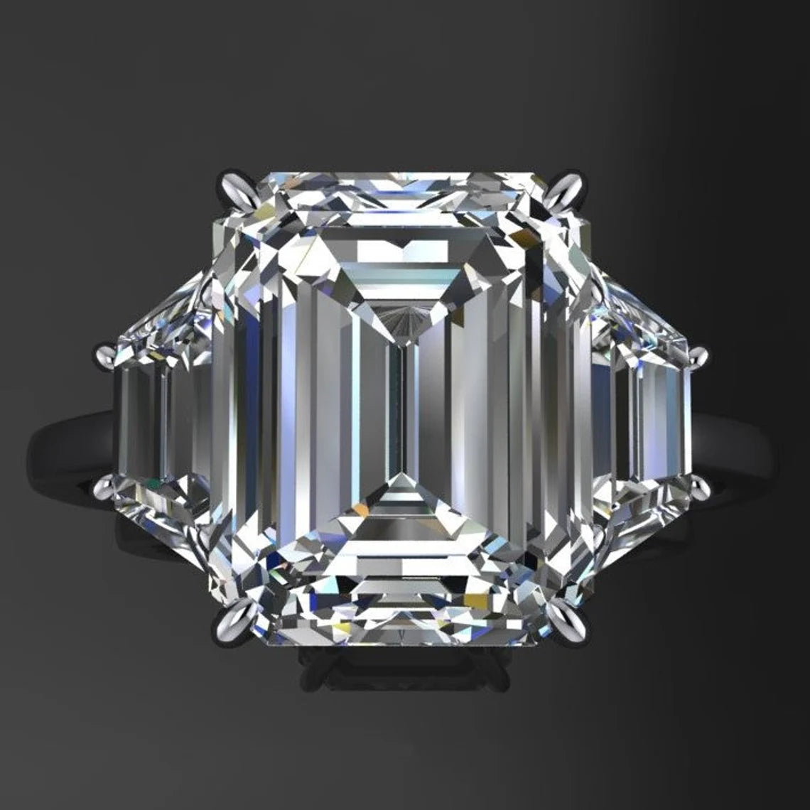 demi ring - three stone emerald cut NEO moissanite engagement ring, trapezoid side stones - J Hollywood Designs