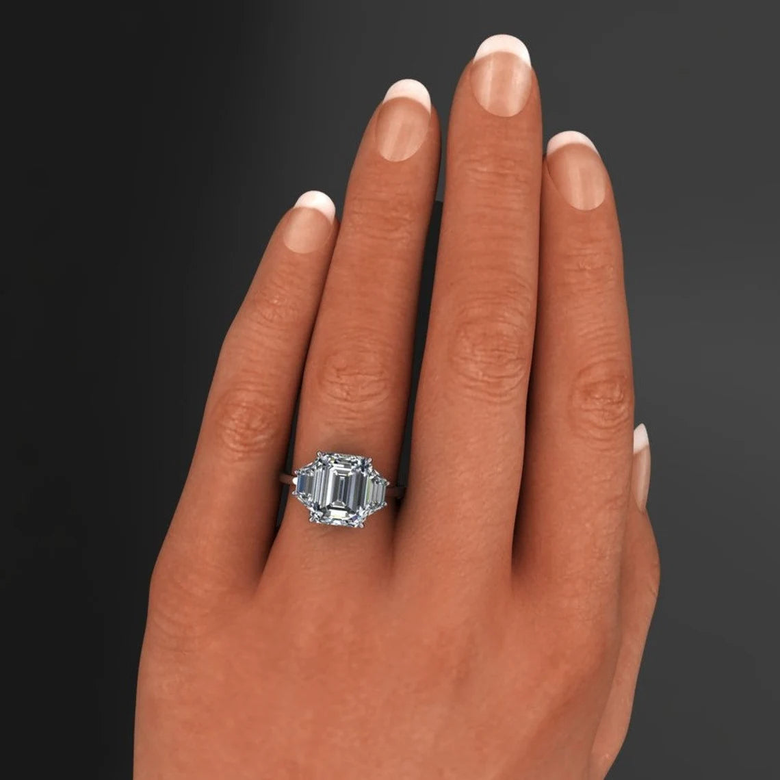 demi ring - three stone emerald cut NEO moissanite engagement ring, trapezoid side stones - J Hollywood Designs