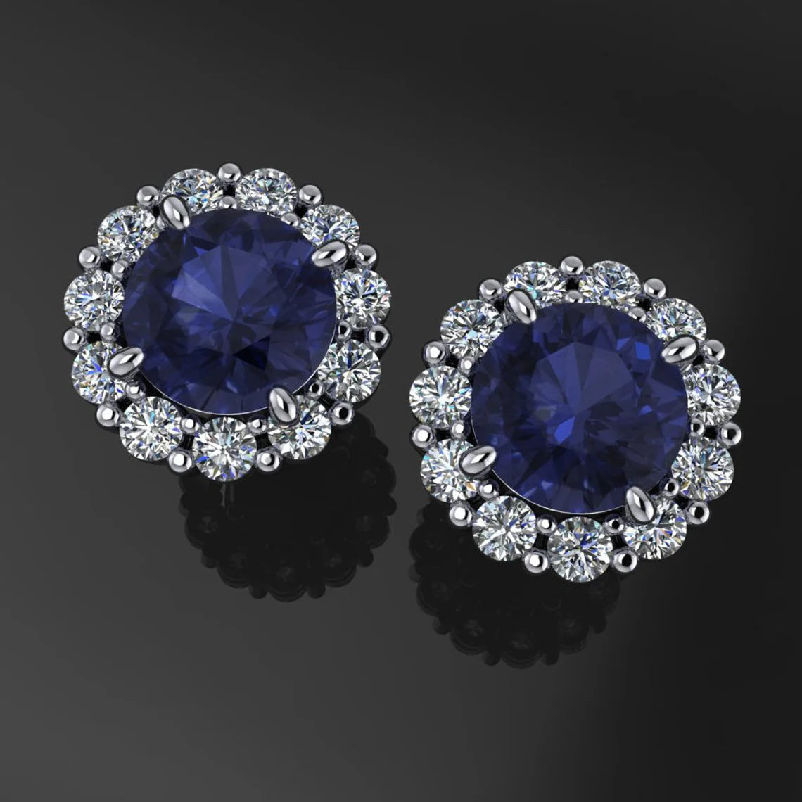 sapphire and diamond earrings, 14k gold halo earrings - J Hollywood Designs