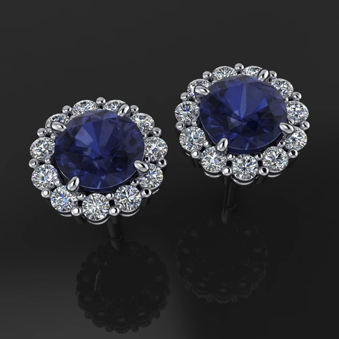 sapphire and diamond earrings, 14k gold halo earrings - J Hollywood Designs