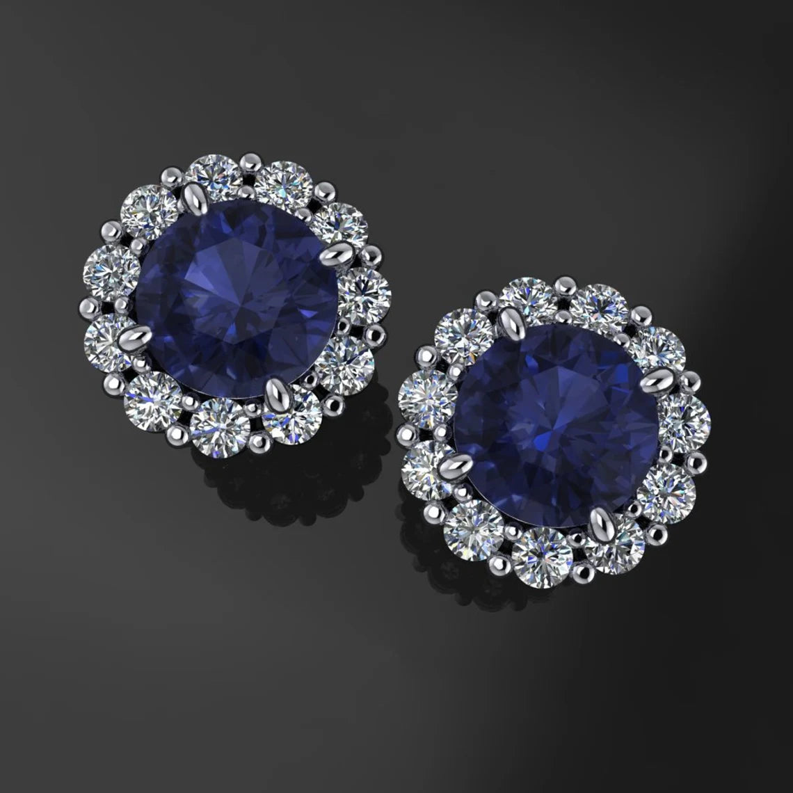 sapphire and diamond earrings, 14k gold halo earrings - J Hollywood Designs