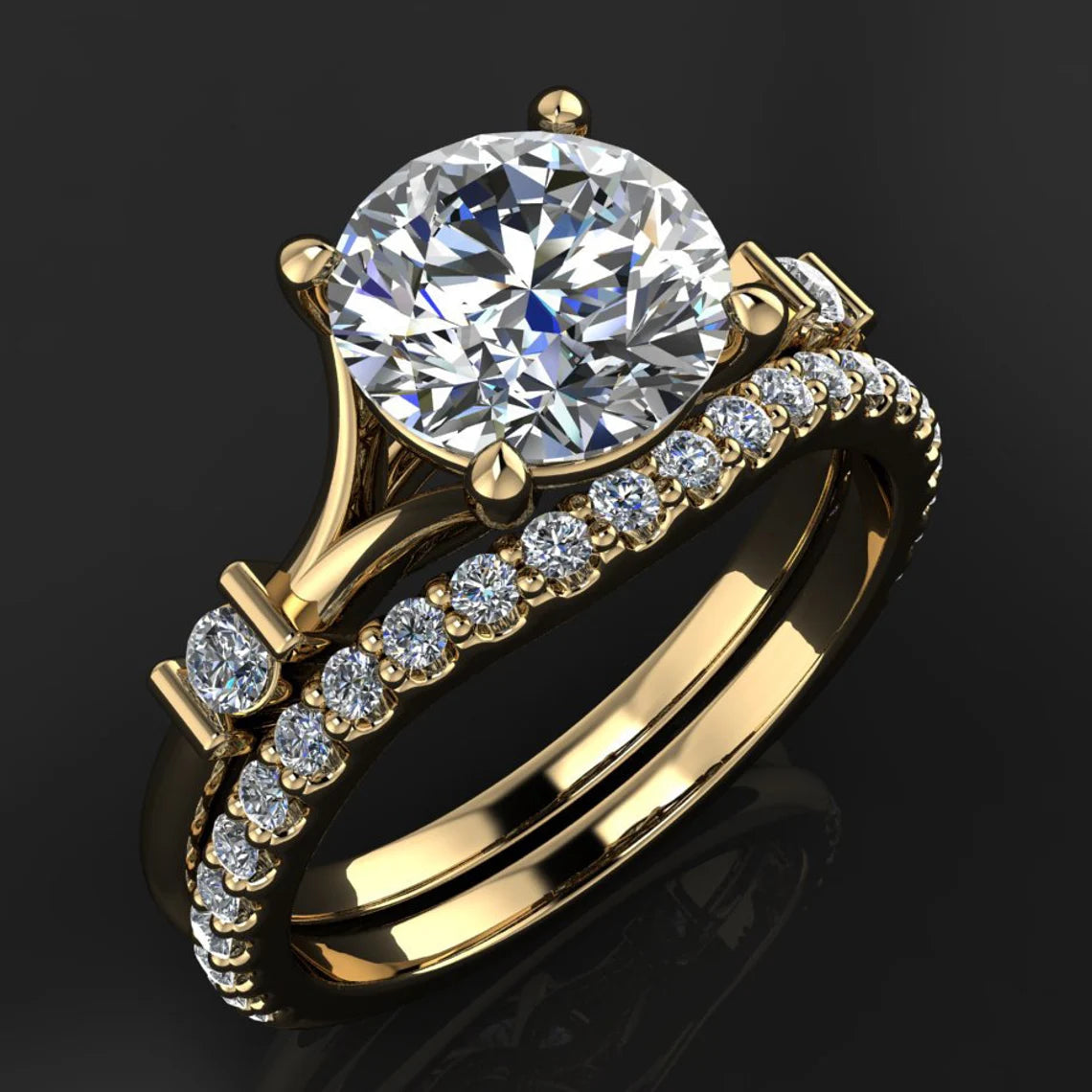 beckett ring - 1.5 carat round NEO moissanite and diamond engagement ring with diamond wedding band - J Hollywood Designs