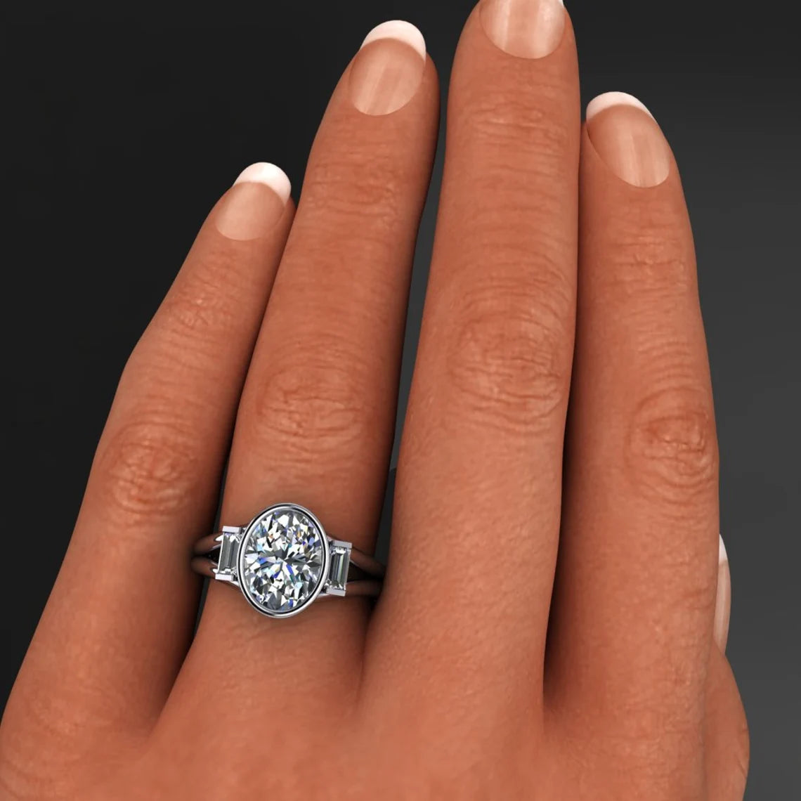 azul ring - oval NEO moissanite engagement ring on hand model - J Hollywood Designs