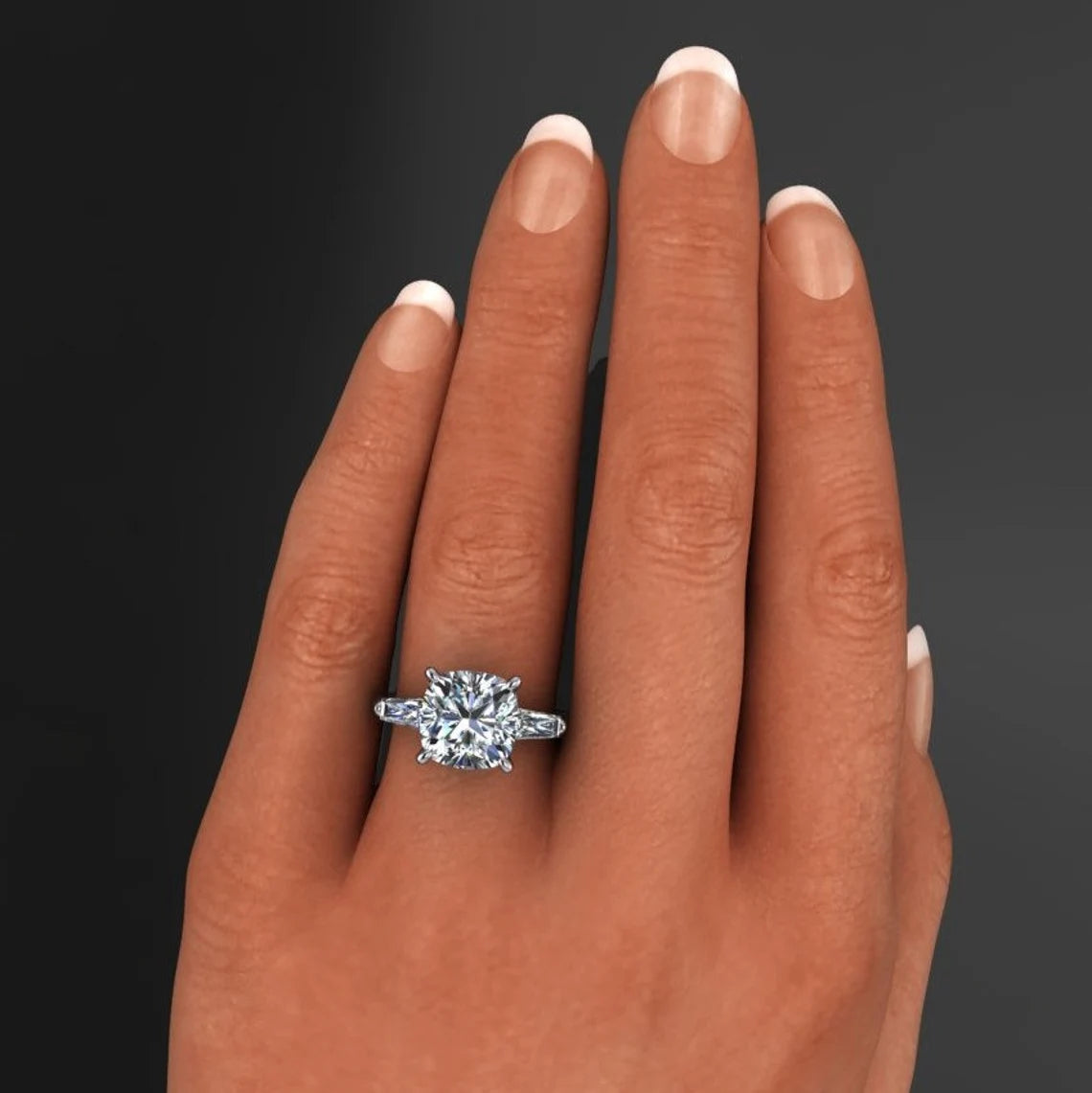 custom laurel ring – 3 carat cushion cut NEO moissanite engagement ring on hand model - J Hollywood Designs