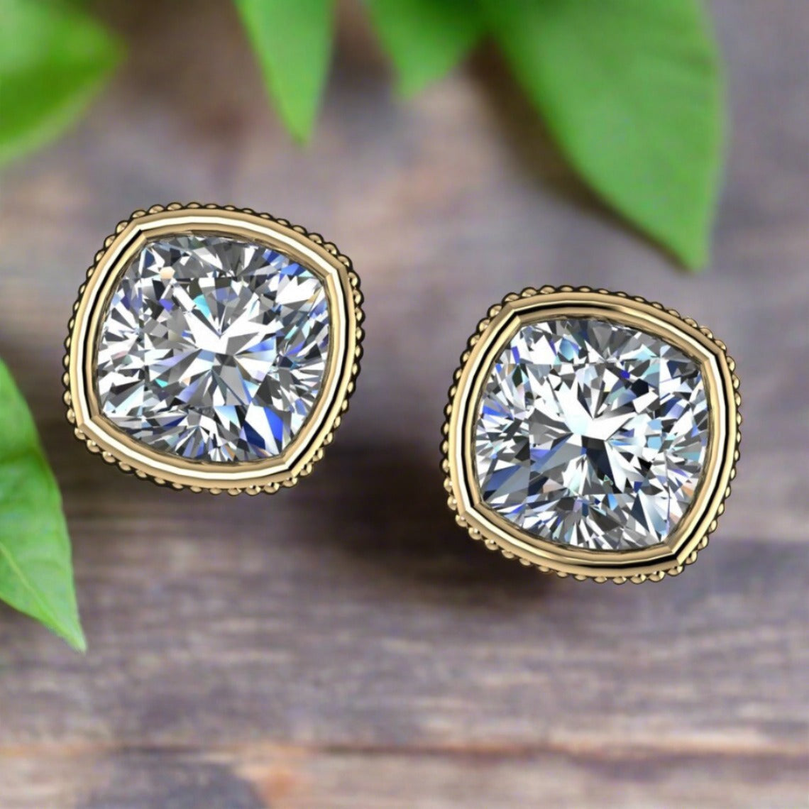 1 carat cushion moissanite earrings, gold stud earrings, bezel set earrings - J Hollywood Designs