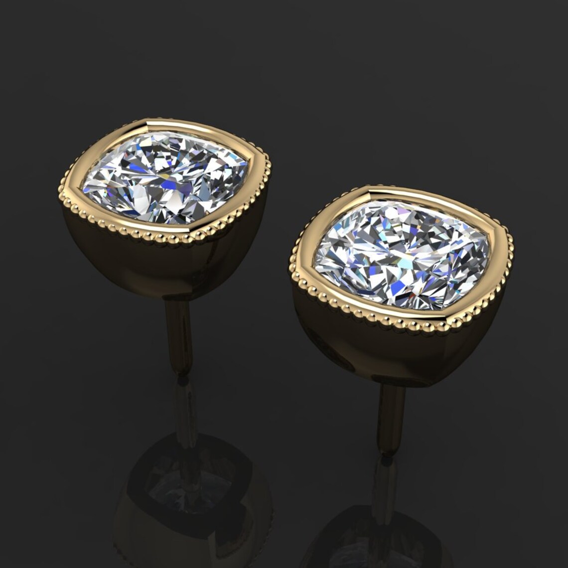 1 carat cushion moissanite earrings, gold stud earrings, bezel set earrings - J Hollywood Designs