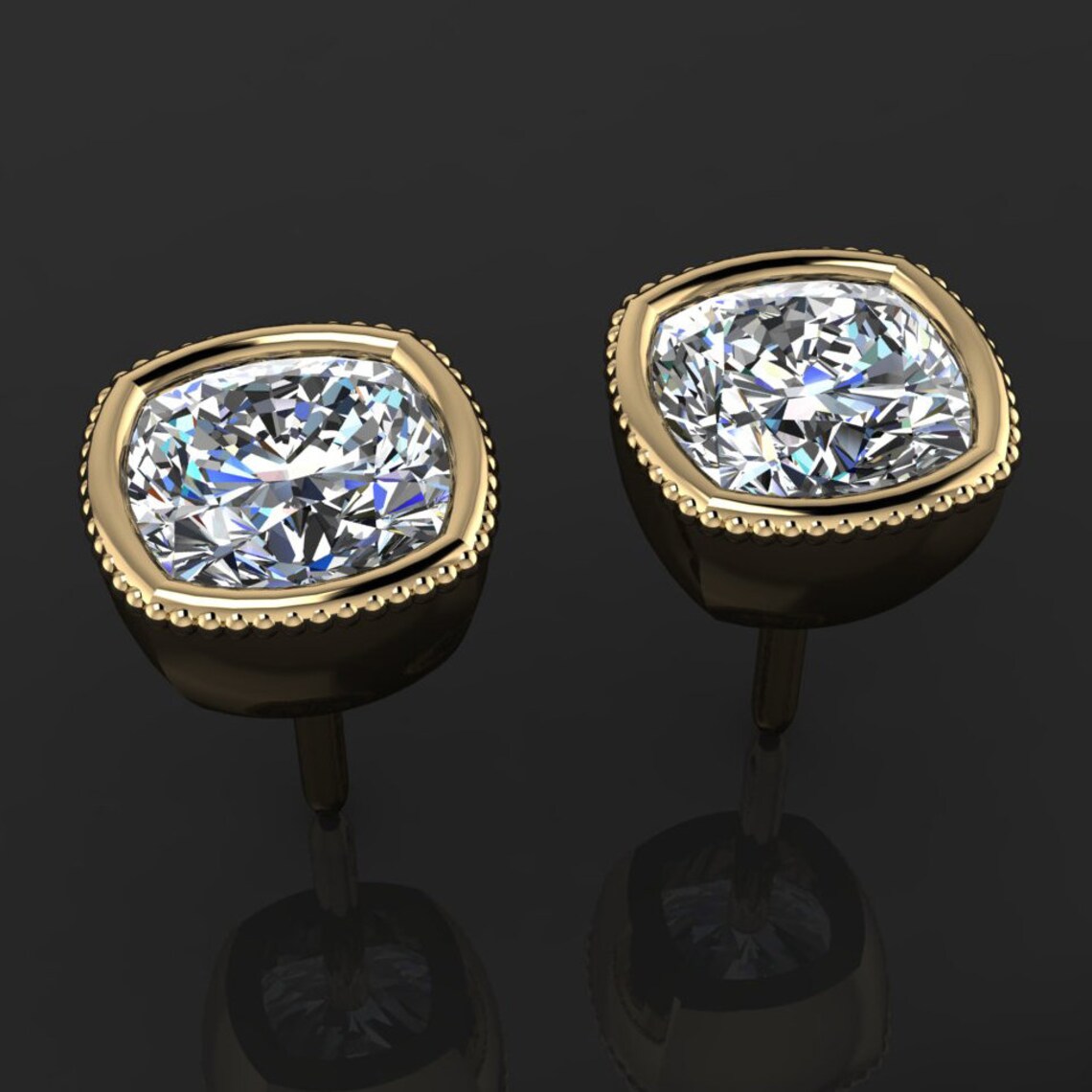 1 carat cushion moissanite earrings, gold stud earrings, bezel set earrings - J Hollywood Designs
