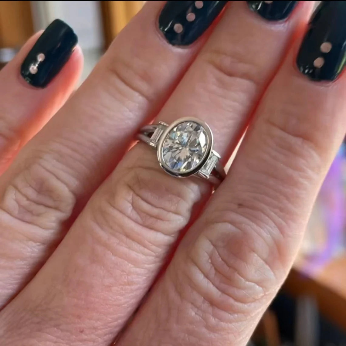 Diamond Halo Oval Engagement Ring Bezel Ring Thin Band Ring - Sophia – Moissanite  Rings
