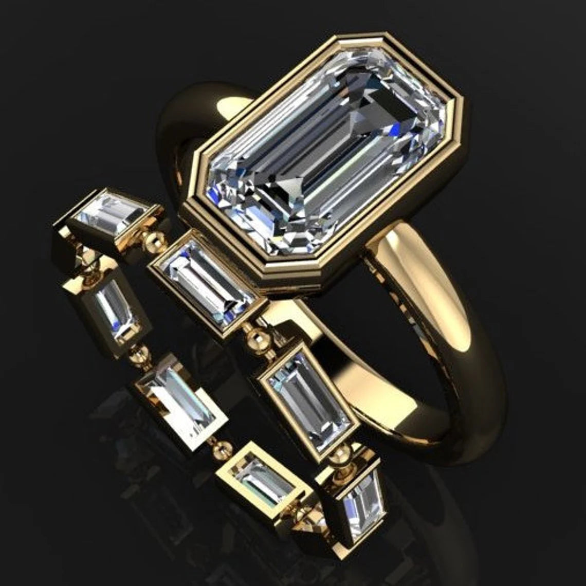 custom maria ring – 2 carat emerald cut ZAYA moissanite ring, bezel wedding set - J Hollywood Designs