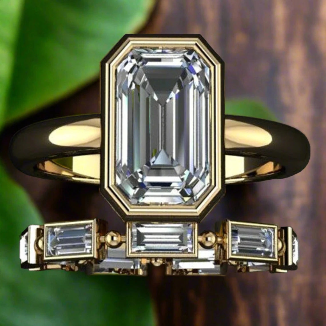 Custom Maria Ring – 2 Carat Emerald Cut Zaya Moissanite Ring, Bezel Wedding Set 14K Yellow Gold