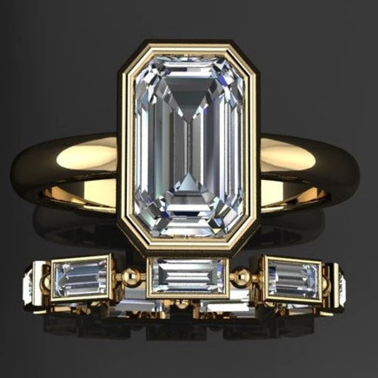 custom maria ring – 2 carat emerald cut ZAYA moissanite ring, bezel wedding set - J Hollywood Designs