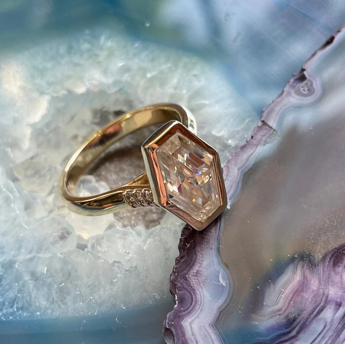 leena ring - 3.5 carat lozenge cut ZAYA moissanite engagement ring, bezel set - J Hollywood Designs