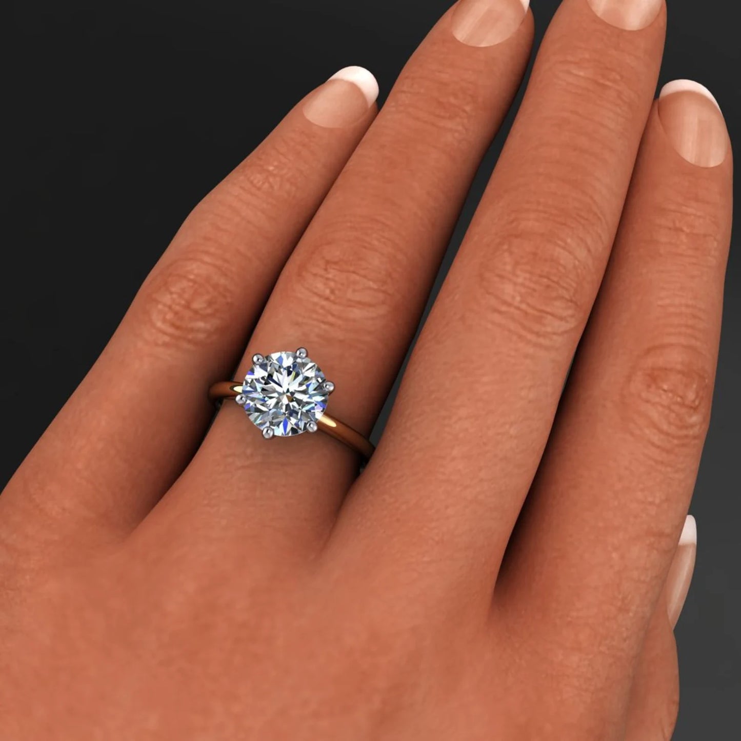 2.5 carat round NEO moissanite engagement ring on hand model- naomi ring - J Hollywood Designs