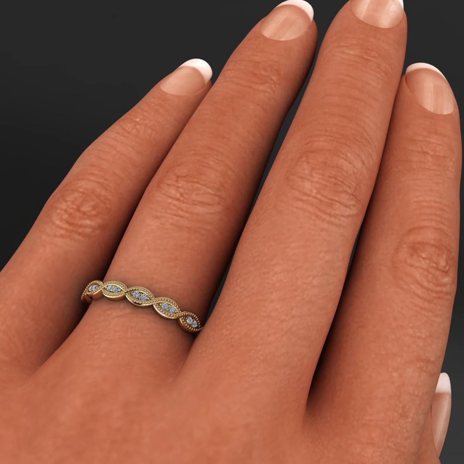 diamond stacking ring - vintage style diamond band - adeline ring on hand model - J Hollywood Designs