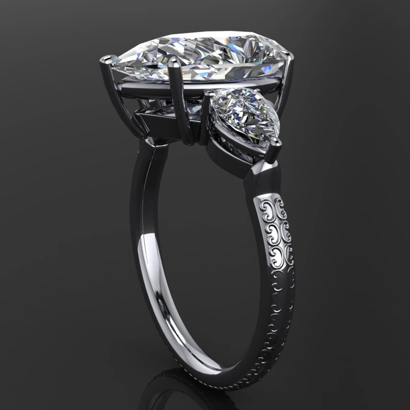 erica ring - 4 carat pear cut ZAYA moissanite engagement ring, 3 stone ring - J Hollywood Designs