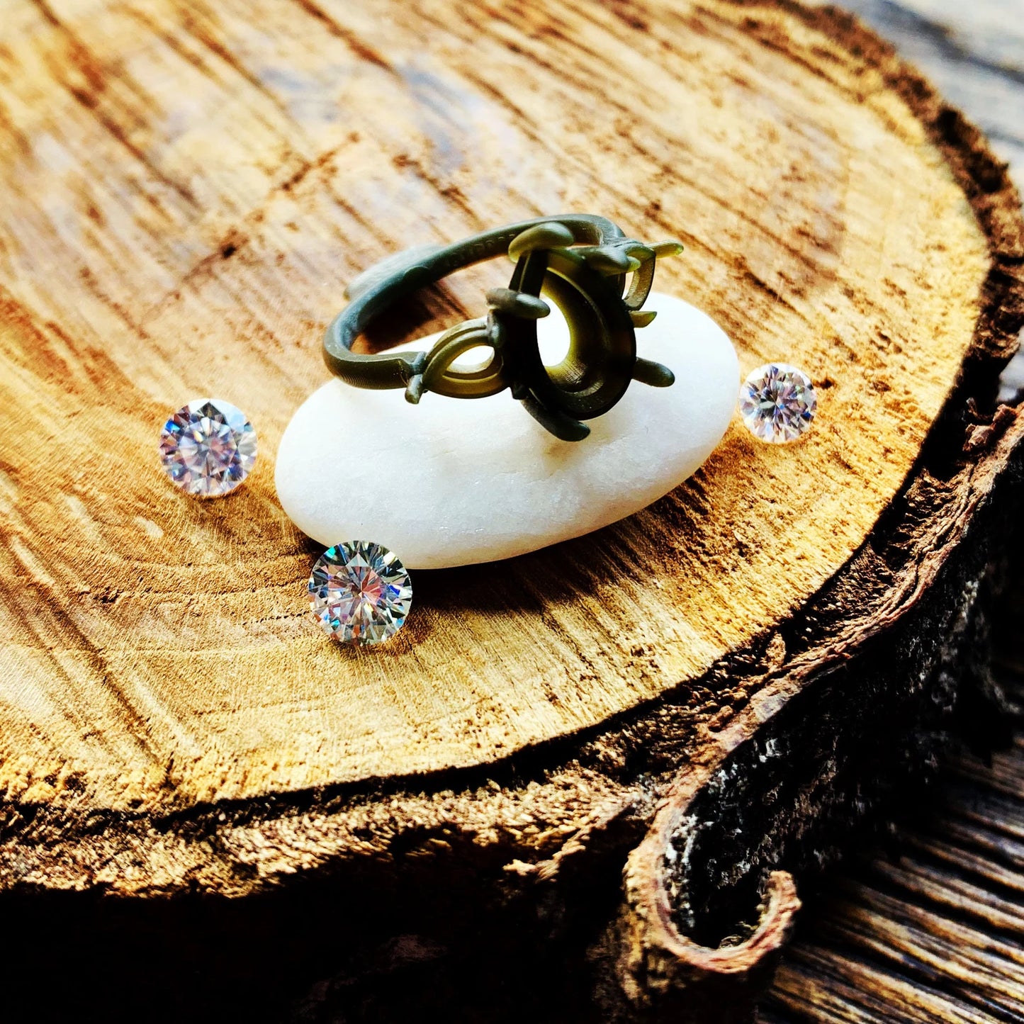 wax mold of ring and loose moissanite stones - J Hollywood Designs