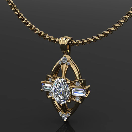 elsa pendant - 1 carat oval moissanite necklace, vintage style pendant with diamonds - J Hollywood Designs