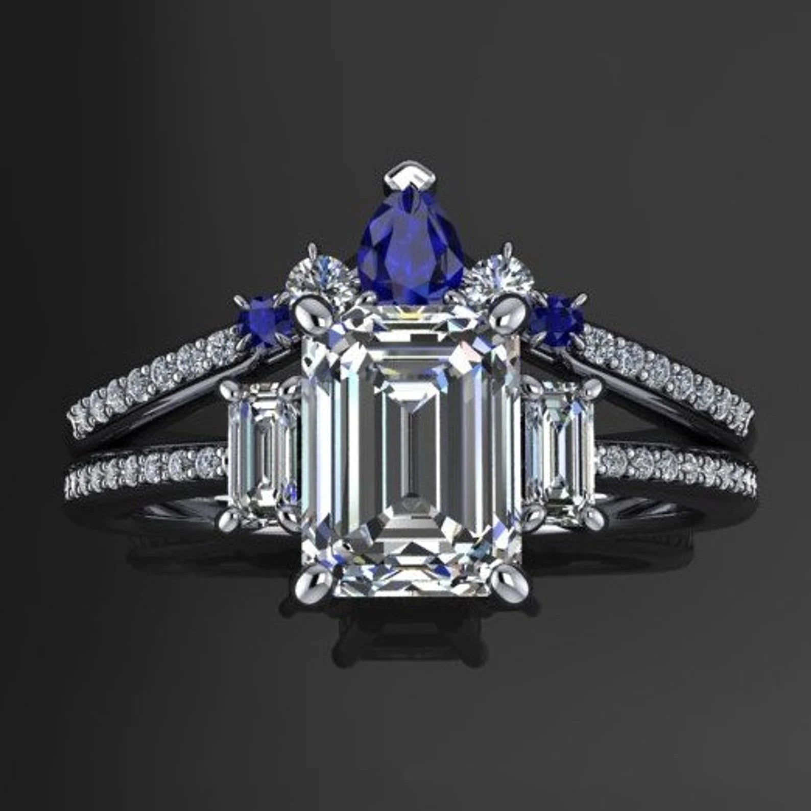 contoured moissanite and sapphire wedding band shown with coordinating wedding band - J Hollywood Designs