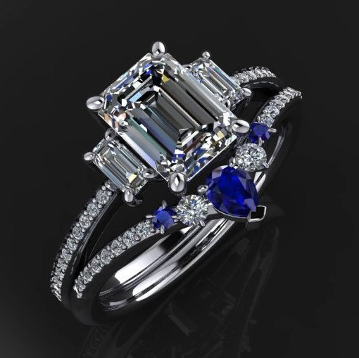 contoured moissanite and sapphire wedding band shown with coordinating engagement ring - J Hollywood Designs