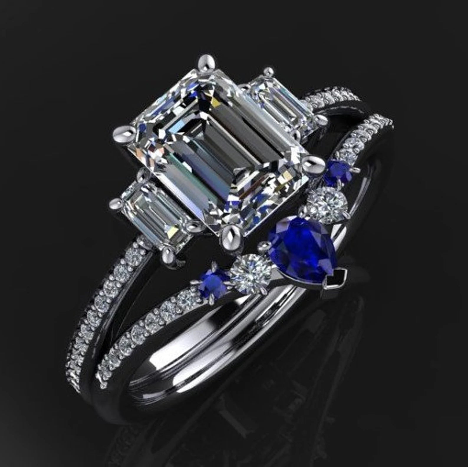 contoured moissanite and sapphire wedding band shown with coordinating engagement ring - J Hollywood Designs