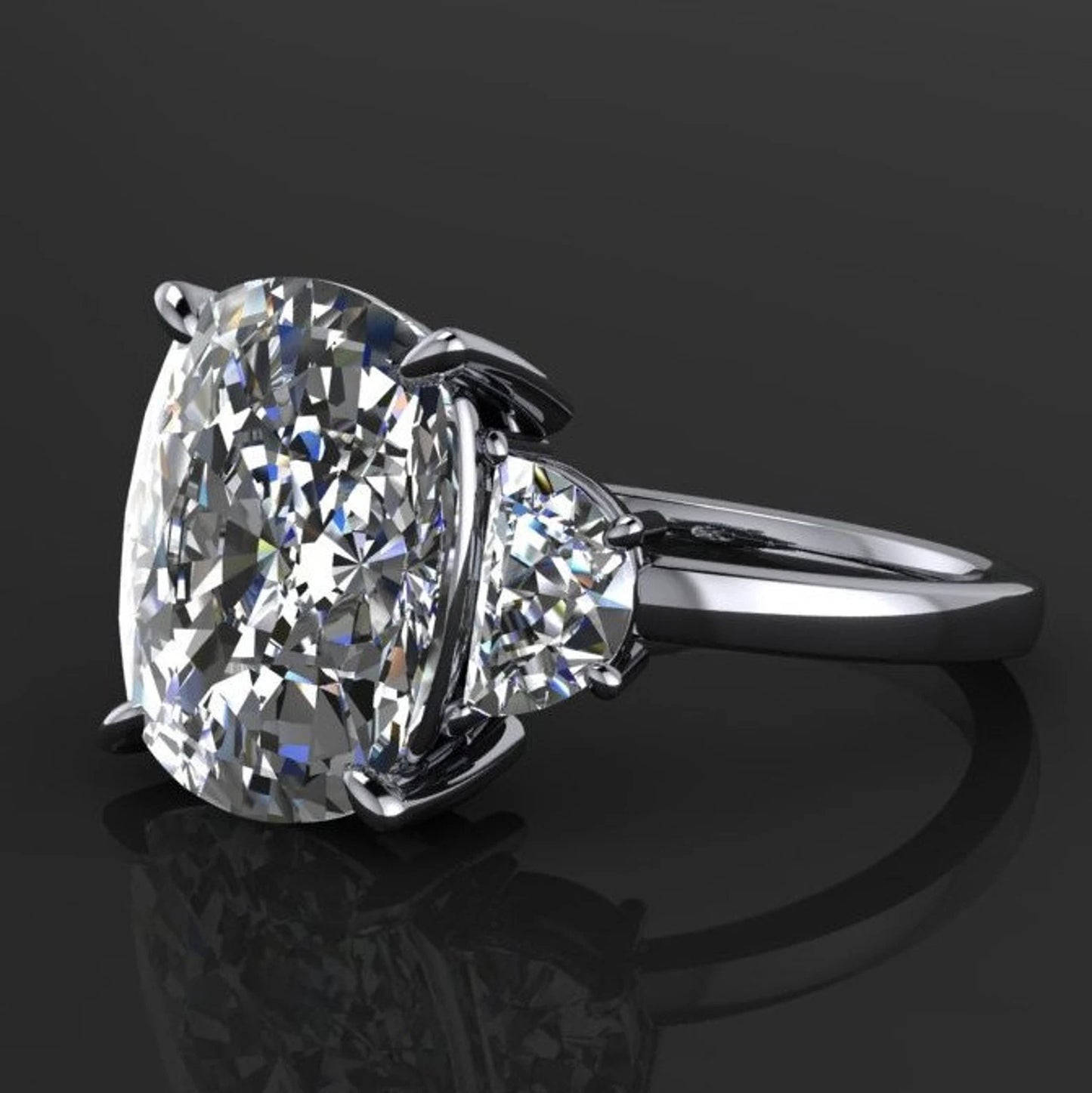 demi ring - three stone elongated cushion cut ZAYA moissanite engagement ring, half moon side stones - J Hollywood Designs