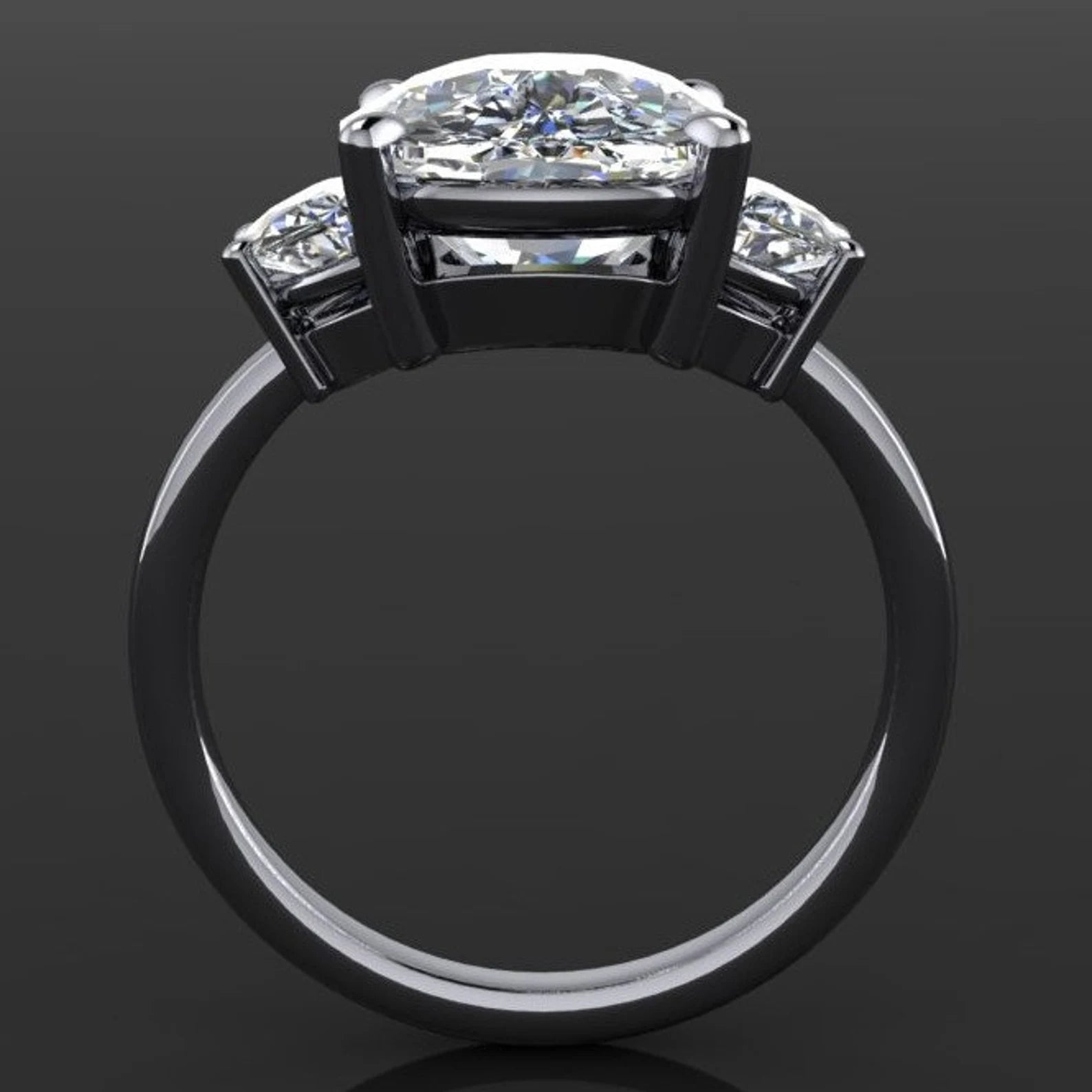 demi ring - three stone elongated cushion cut ZAYA moissanite engagement ring, half moon side stones - J Hollywood Designs