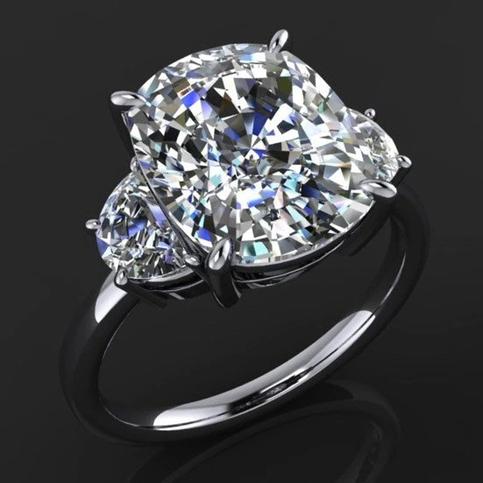 demi ring - three stone elongated cushion cut ZAYA moissanite engagement ring, half moon side stones - J Hollywood Designs