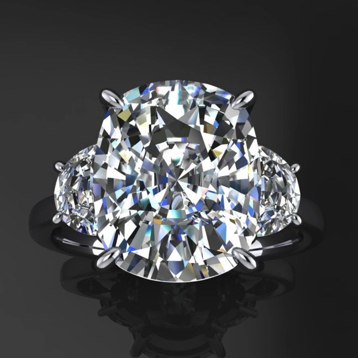 demi ring - three stone elongated cushion cut ZAYA moissanite engagement ring, half moon side stones - J Hollywood Designs