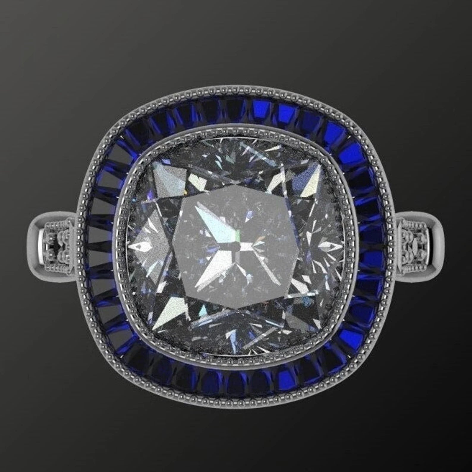vivian ring - 4 carat old mine cut cushion moissanite and sapphire vintage engagement ring, ZAYA moissanite - J Hollywood Designs