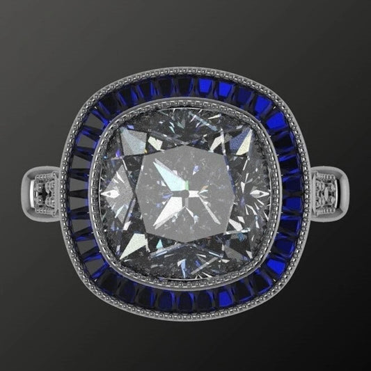 vivian ring - 4 carat old mine cut cushion moissanite and sapphire vintage engagement ring, ZAYA moissanite - J Hollywood Designs