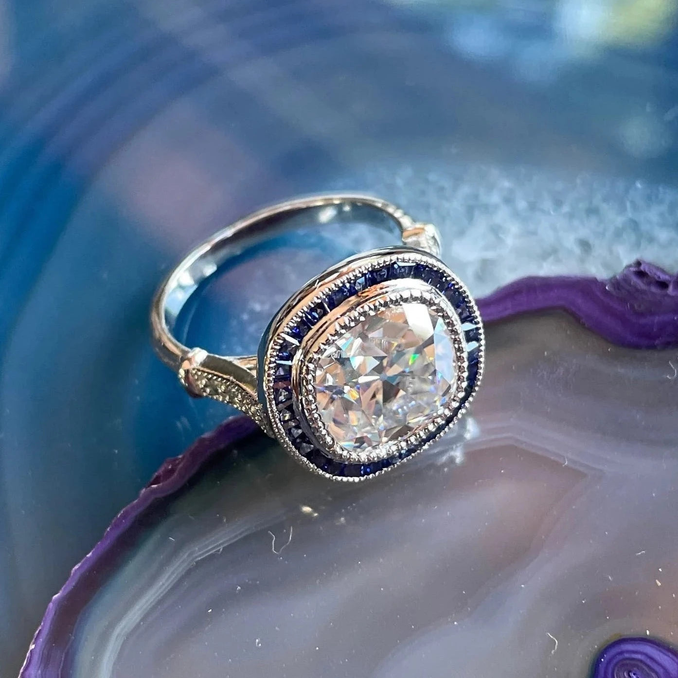 vivian ring - 4 carat old mine cut cushion moissanite and sapphire vintage engagement ring, ZAYA moissanite - J Hollywood Designs