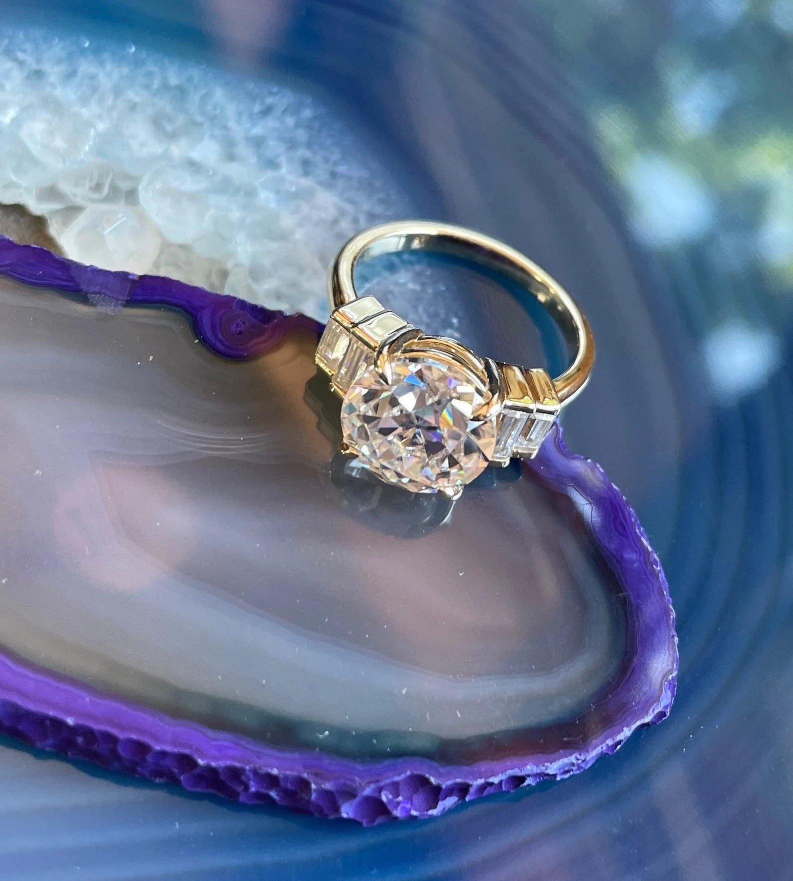 evelyn ring - 2 carat moissanite engagement ring, 5 stone ring, colorless moissanite, gold ring, sterling silver, custom ring - J Hollywood Designs
