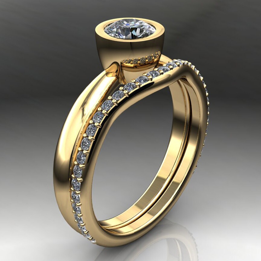 elle ring – .5 carat round brilliant NEO moissanite bezel set engagement ring paired with diamond contoured wedding band - J Hollywood Designs