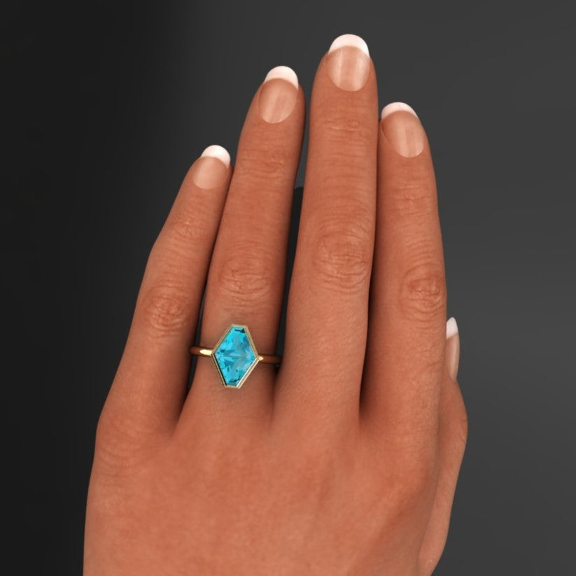 3.4 carat teal shield ring model shot